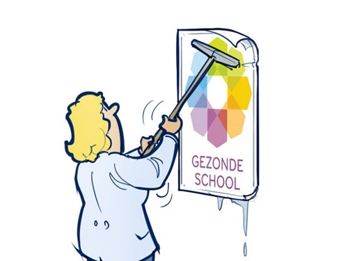 Tekenfiguur lijmt poster met daarop logo van Gezonde school op de muur